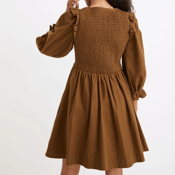 Madewell Flannel Lucie V-Neck Smocked Mini Dress in Weathered Olive - Picture 2 of 8